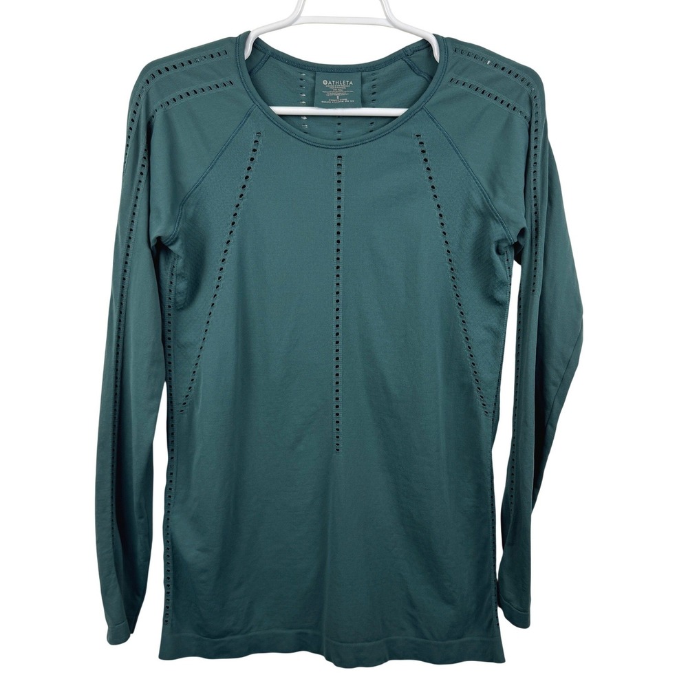 Athleta Teal Green Seamless Pointelle Long Sleeve Training Top Womens Small